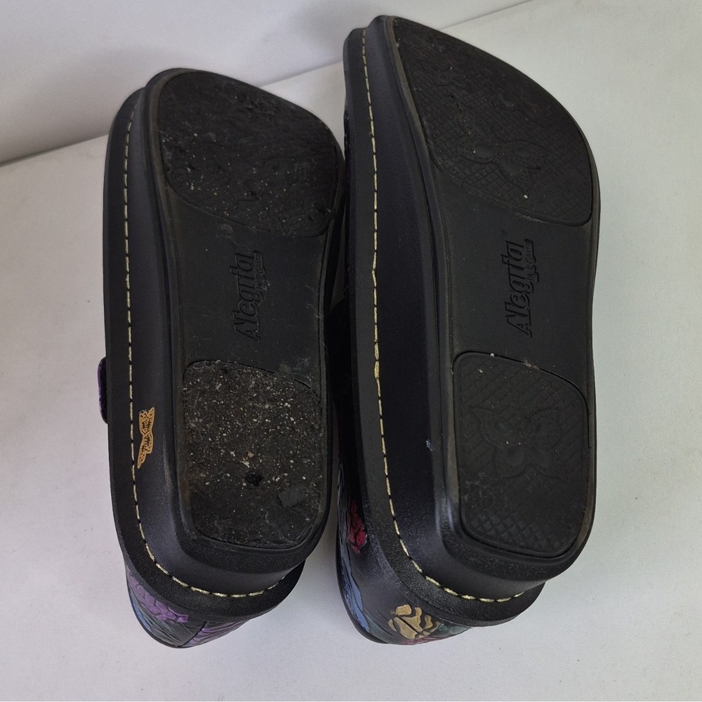 Alegria Black Floral Leather Mary Jane Flats Round Toe Button Womens Size 12 - Picture 4 of 7